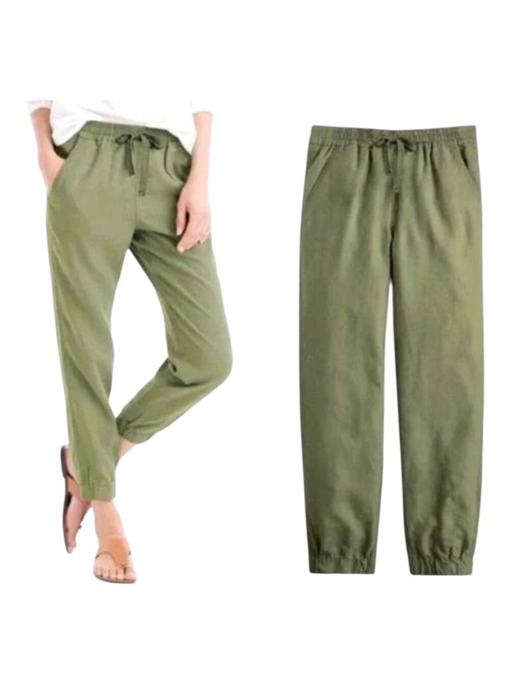 J Crew Point Sur Pants Women 2 Olive Green Linen Blend Joggers Athleisure Preppy